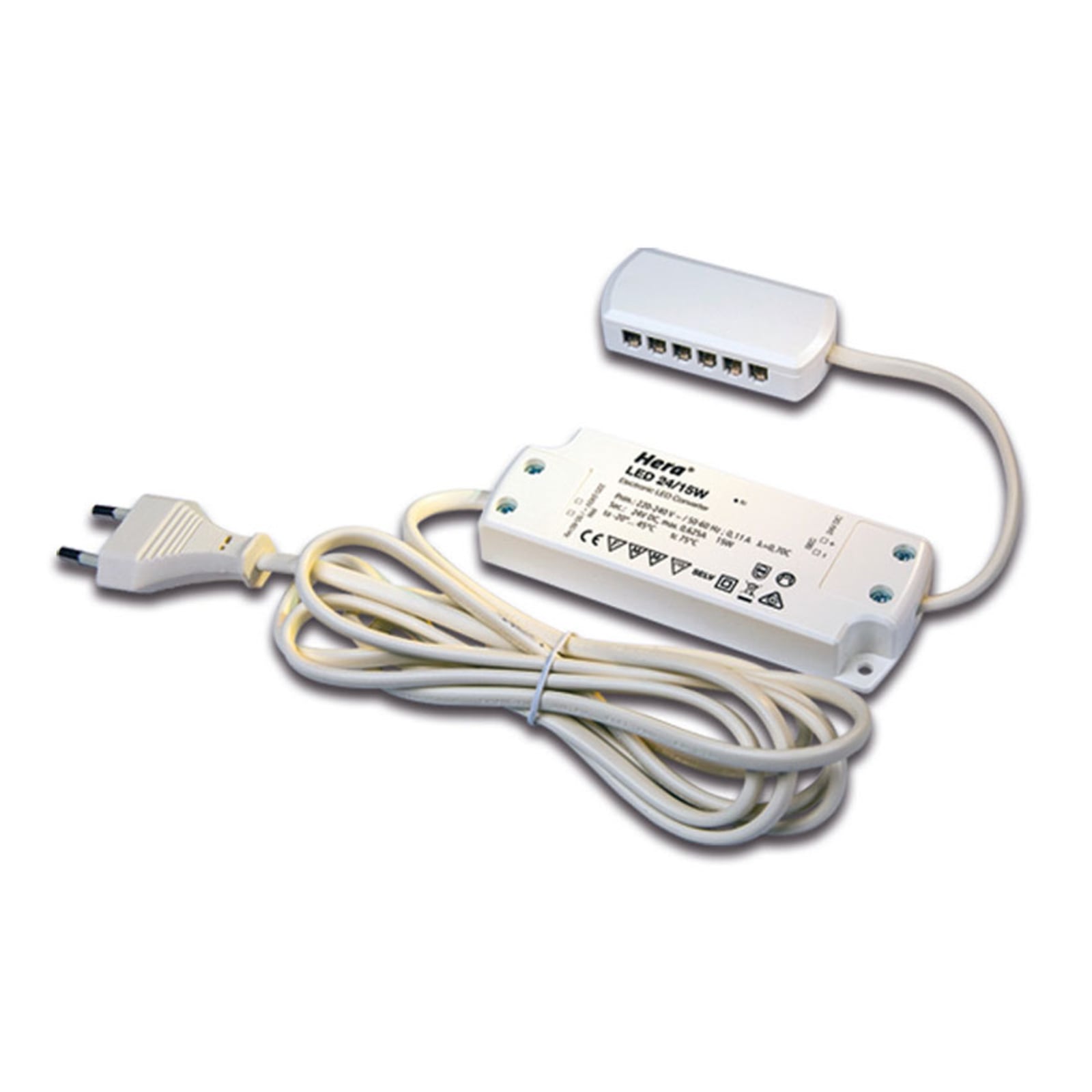 LED-transformator 24V DC 15 W med 12-veis fordeler IP20 - Hera sett forfra