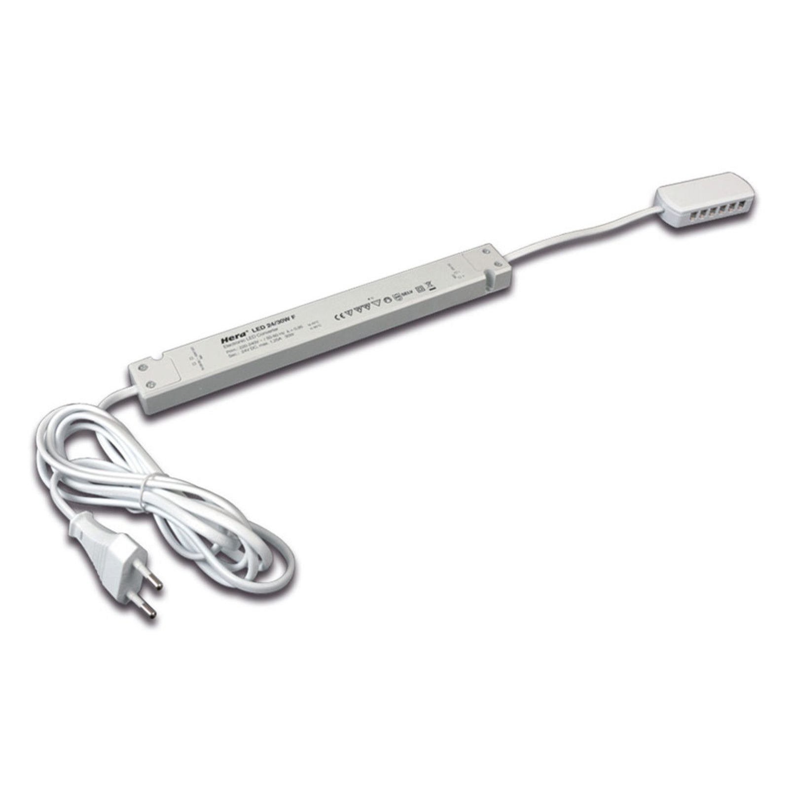 LED-transformator 24V DC 30W flat med 12-fordeler hvit - Hera fra fronten