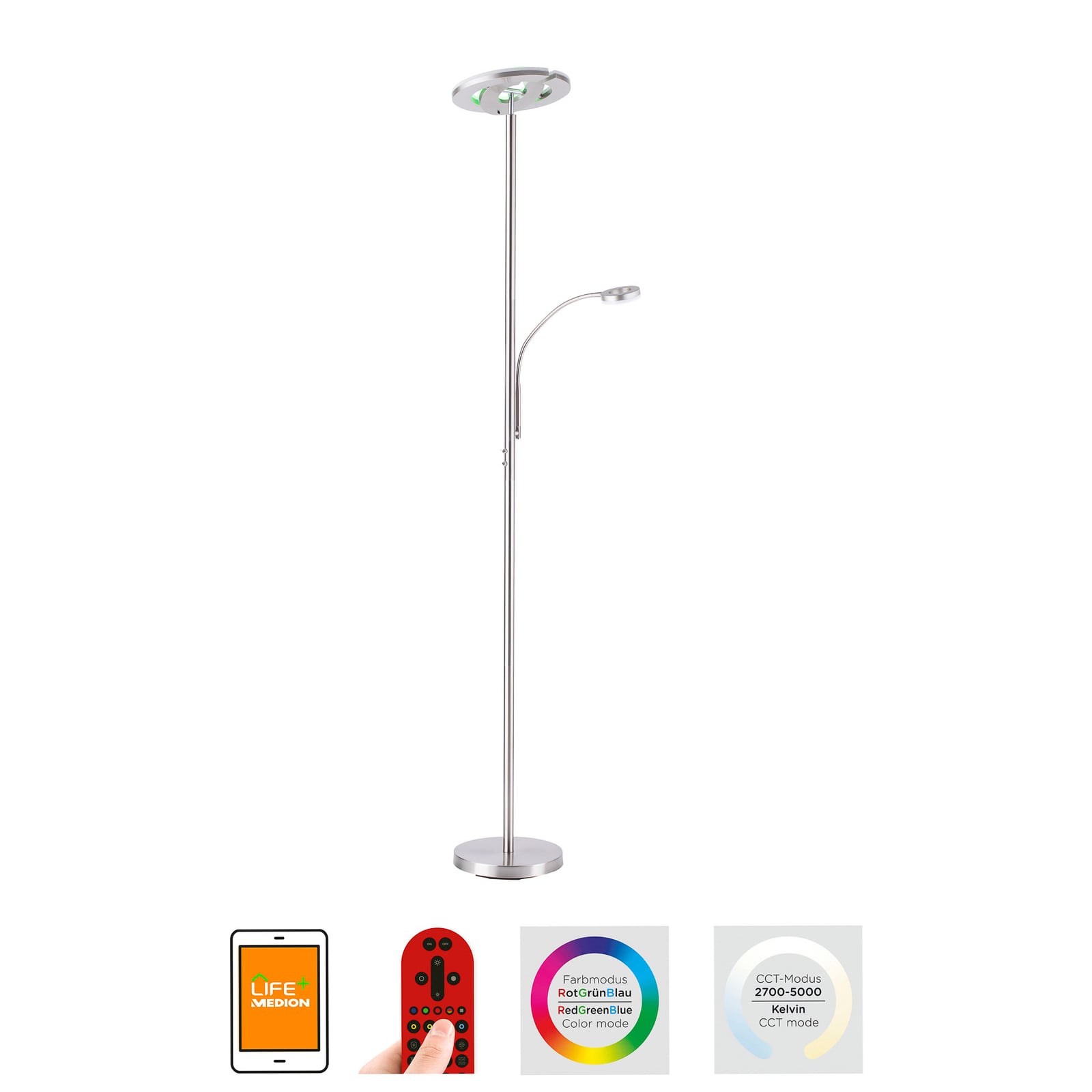 Detalj av lesearm på LED uplighter Rocco med lesearm dimbar RGB fjernkontroll - LOLA Smart