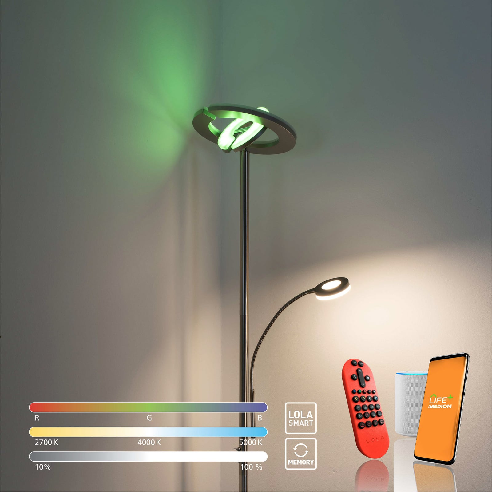 LED uplighter Rocco med lesearm dimbar RGB fjernkontroll - LOLA Smart justerbare uplight-ringer