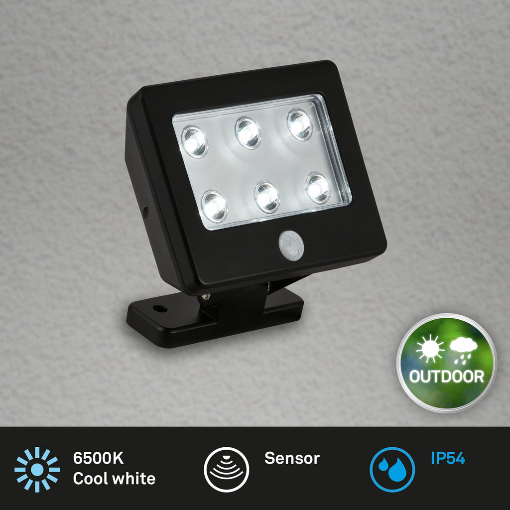 Montert LED utespot Kollig med bevegelsessensor batteridrevet IP54 svart på vegg