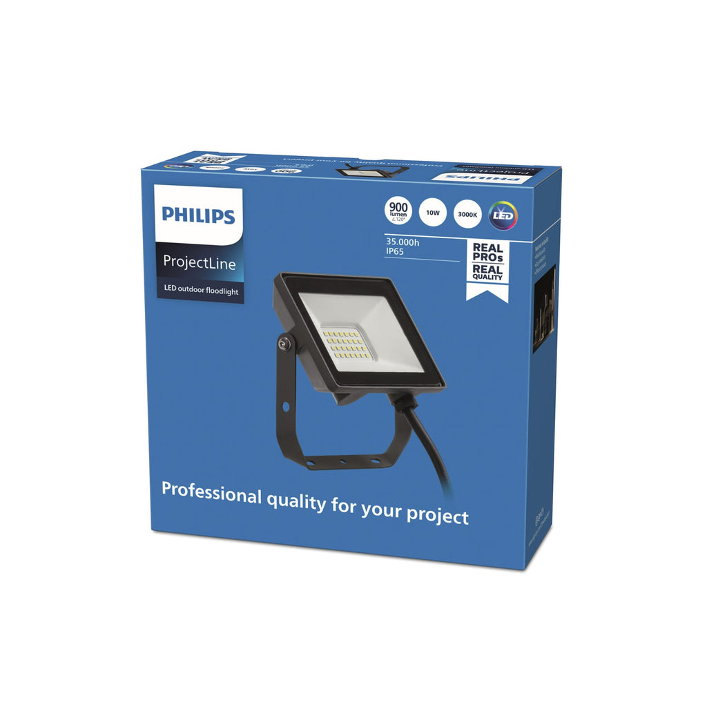 Baksiden av LED utespot ProjectLine svart 10W IP65 Philips med monteringsdetaljer