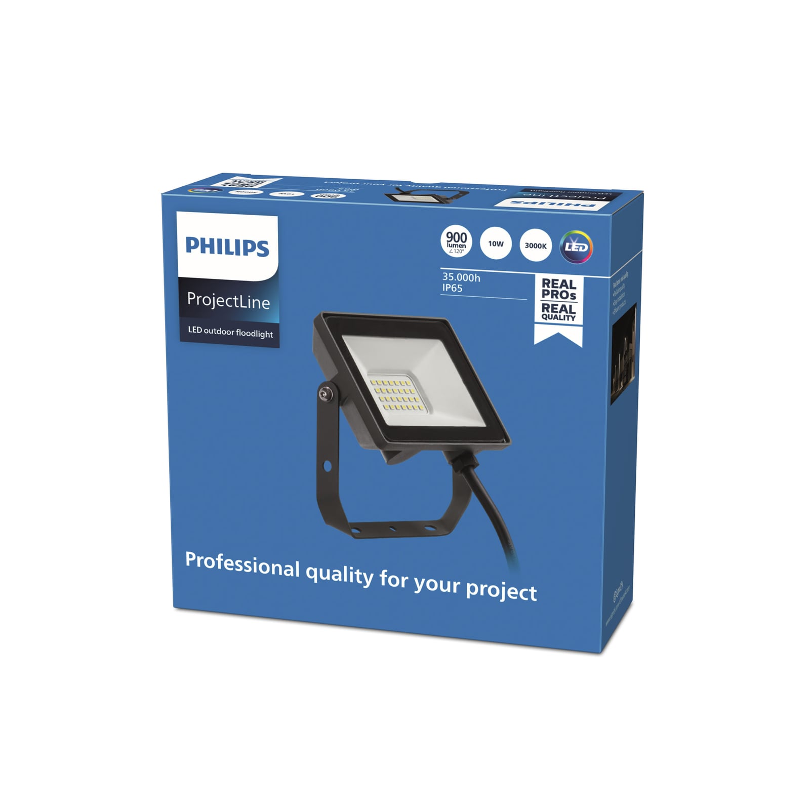Baksiden av LED utespot ProjectLine svart 10W IP65 Philips med monteringsdetaljer