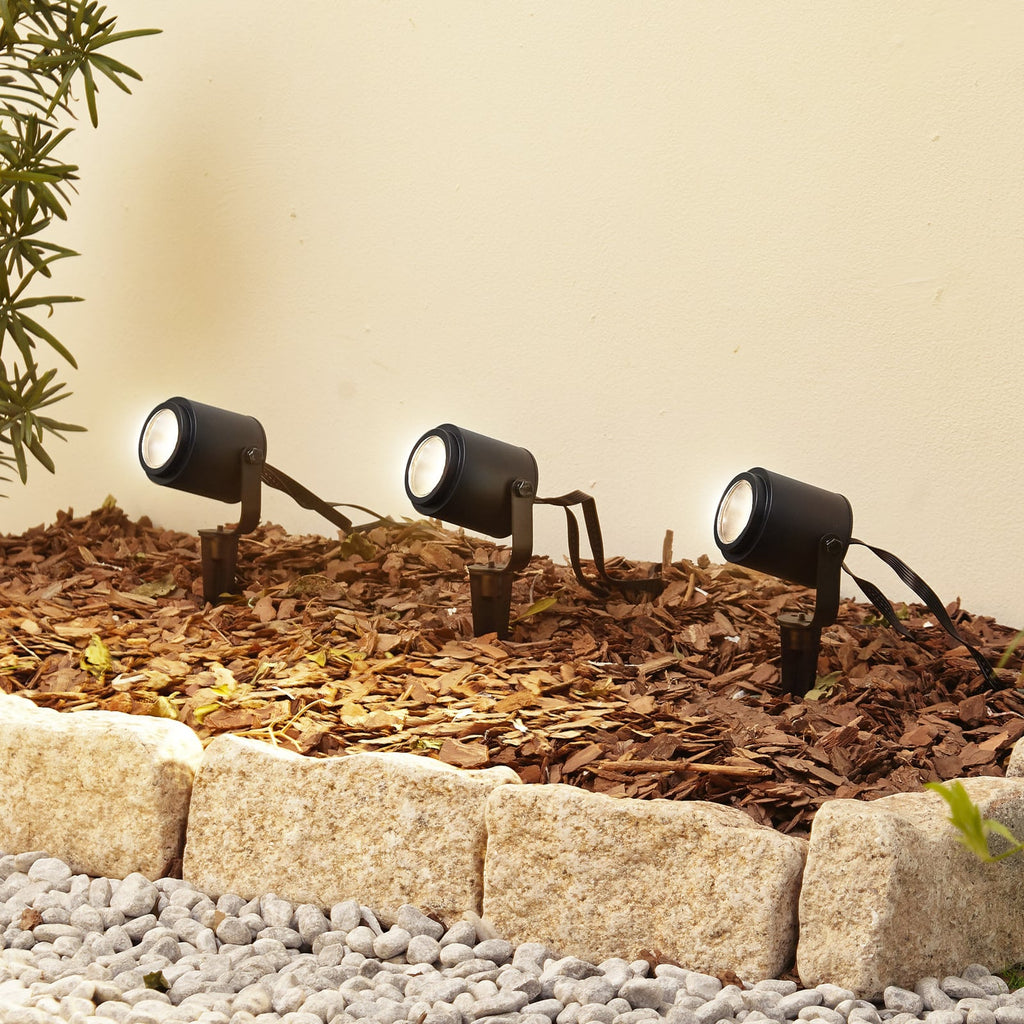LED utespottsett Nymo 3-pk med jordspyd CCT RGB IP44 forfra