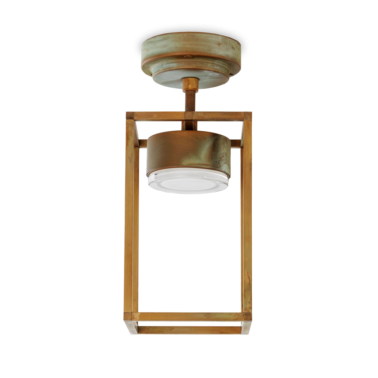 Detaljbilde av LED utetaklampe Cubic messing antikk opalglass Moretti Luce