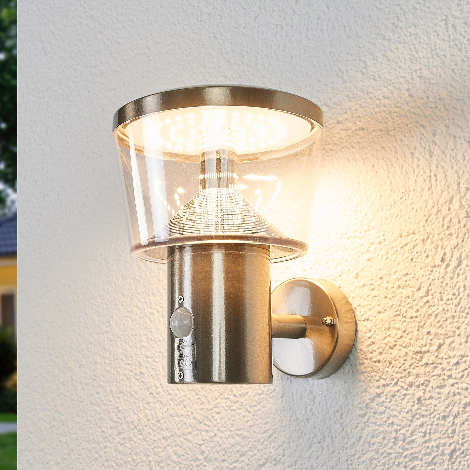LED utevegglampe Antje med bevegelsessensor rustfritt stål IP44 forfra