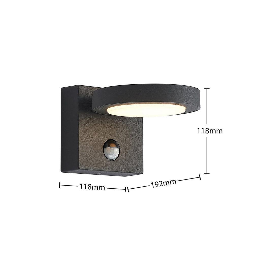 LED utevegglampe Belna rund med bevegelsessensor antrasitt IP54 monteringsdetalj