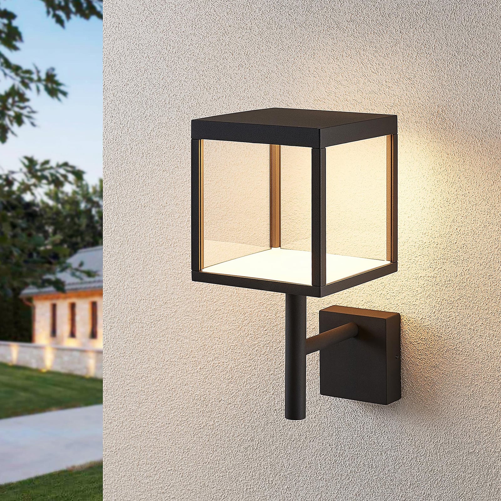 LED utevegglampe Cube antrasitt glass 37 cm bakside