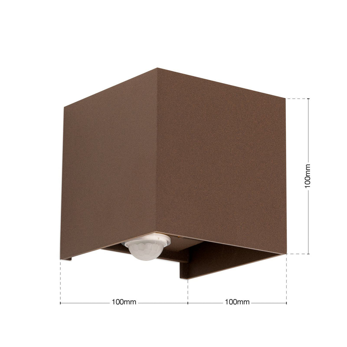 Detalj av LED utevegglampe Cube-S med bevegelsessensor rustfarget IP54