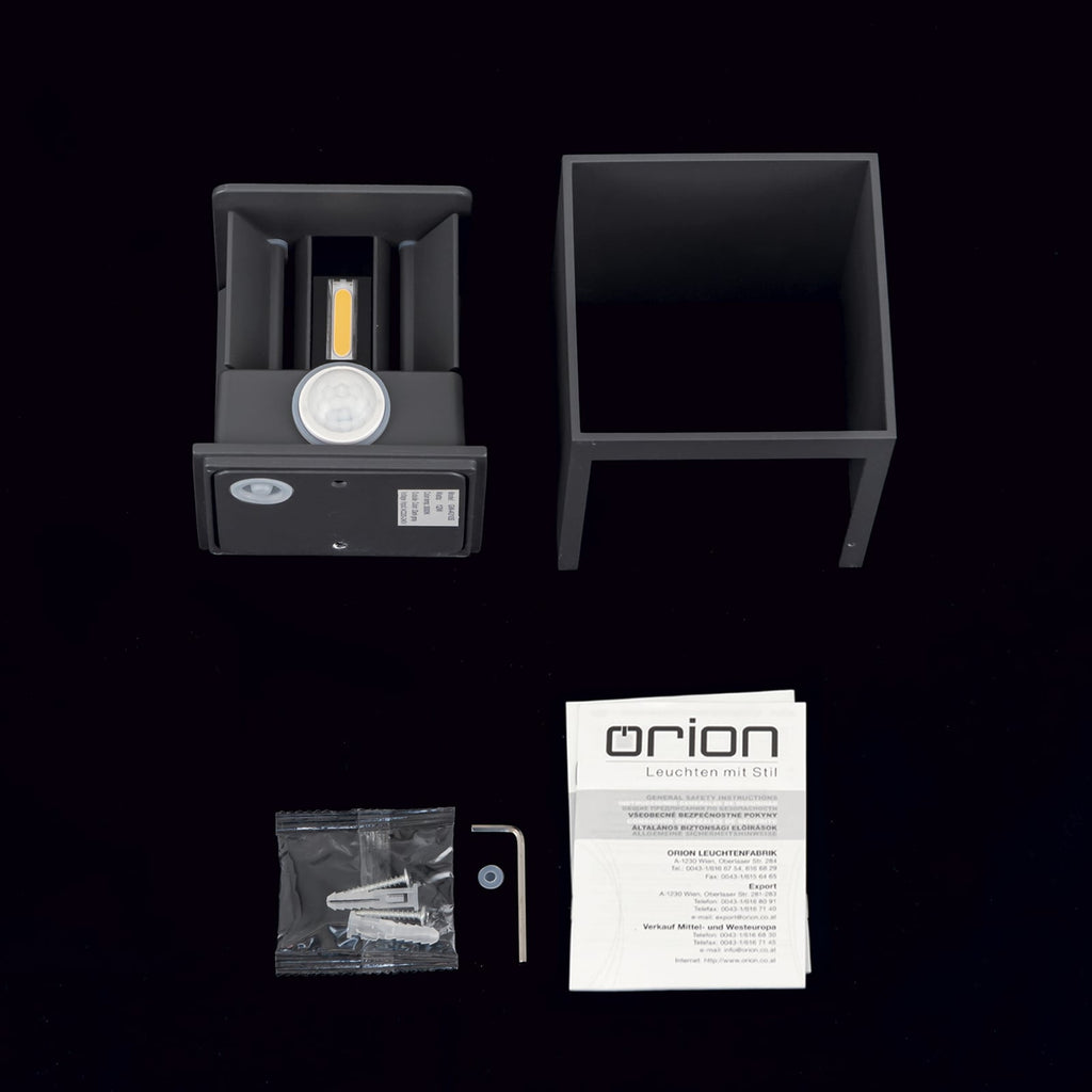 Sensor og lyskilde på LED utevegglampe Cube-S opp/ned antrasitt med sensor IP54 - ORION