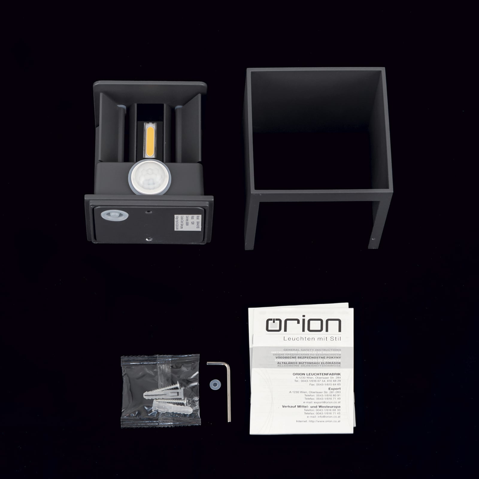 Sensor og lyskilde på LED utevegglampe Cube-S opp/ned antrasitt med sensor IP54 - ORION