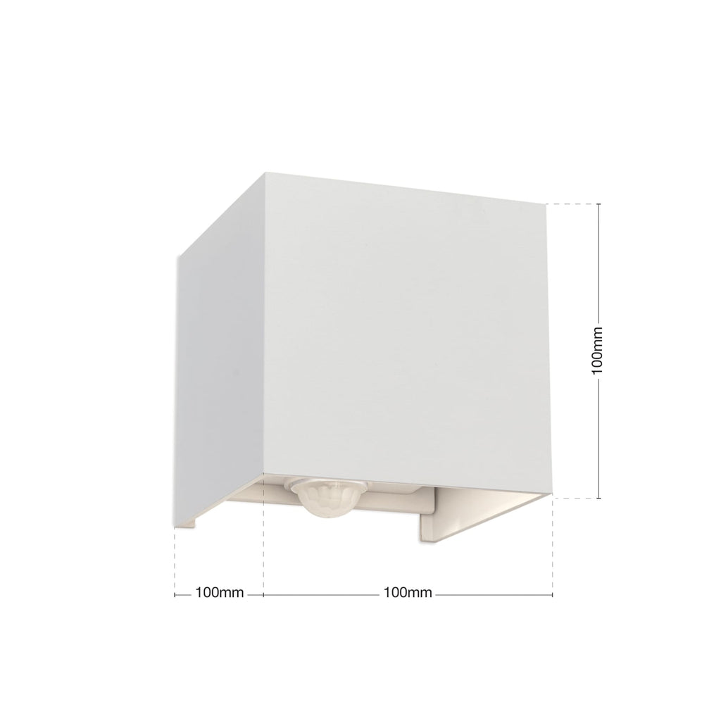 Nærbilde av bevegelsessensor på LED utevegglampe Cube-S opp/ned med bevegelsessensor hvit IP54