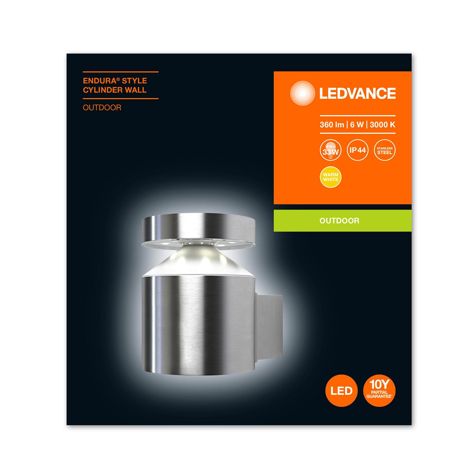 LED utevegglampe Endura Style Cylinder rustfritt stål lysdetalj