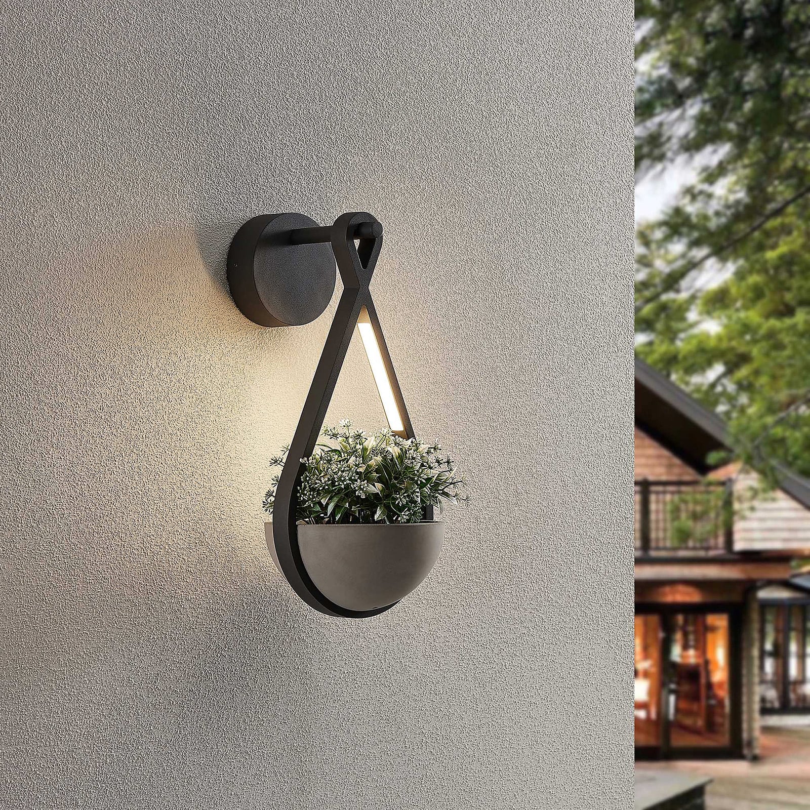LED utevegglampe Florka med blomsterpotte side