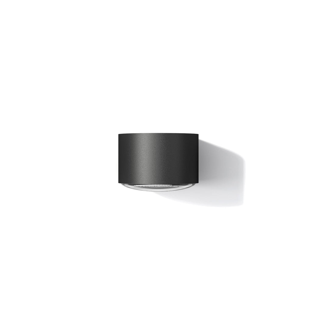 LED utevegglampe Frey svart aluminium IP65 nærbilde av glasslinse