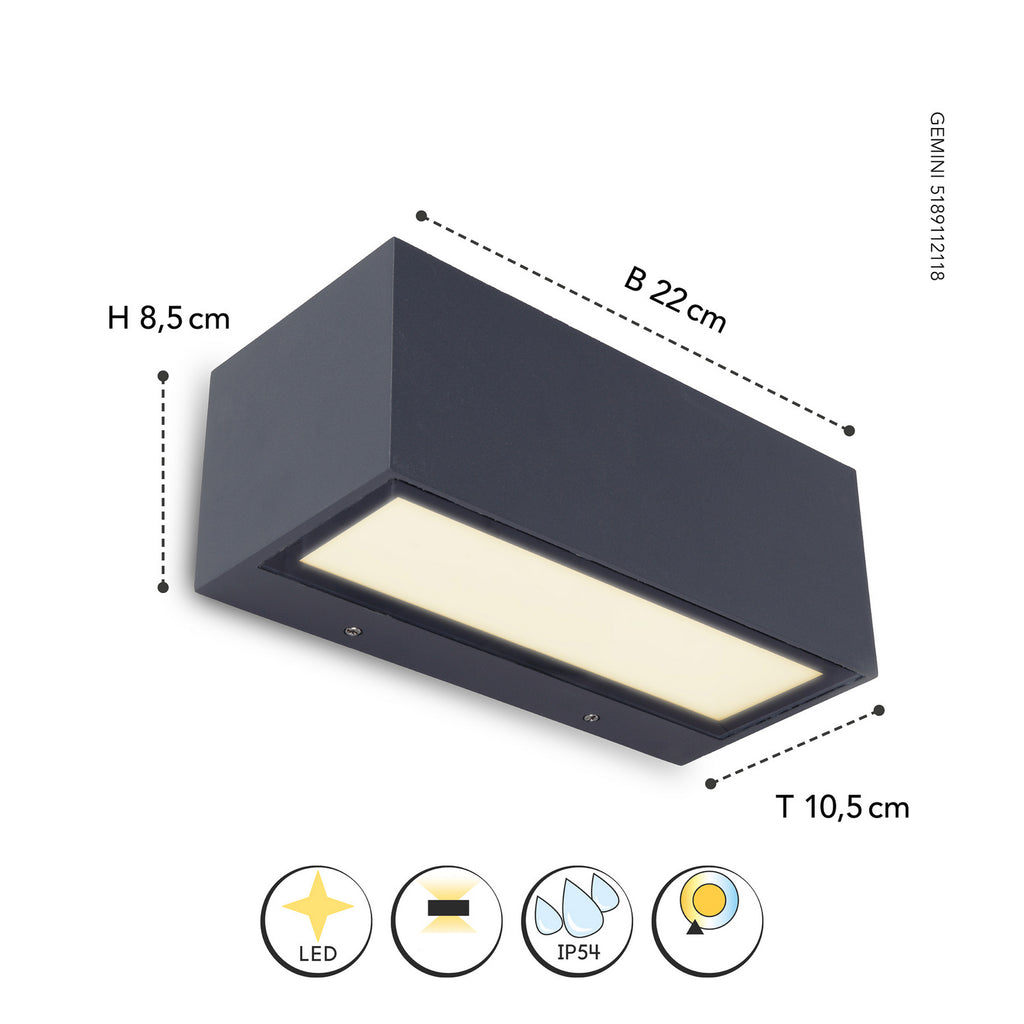 LED utevegglampe Gemini antrasitt 22 cm 3000K IP54 - LUTEC