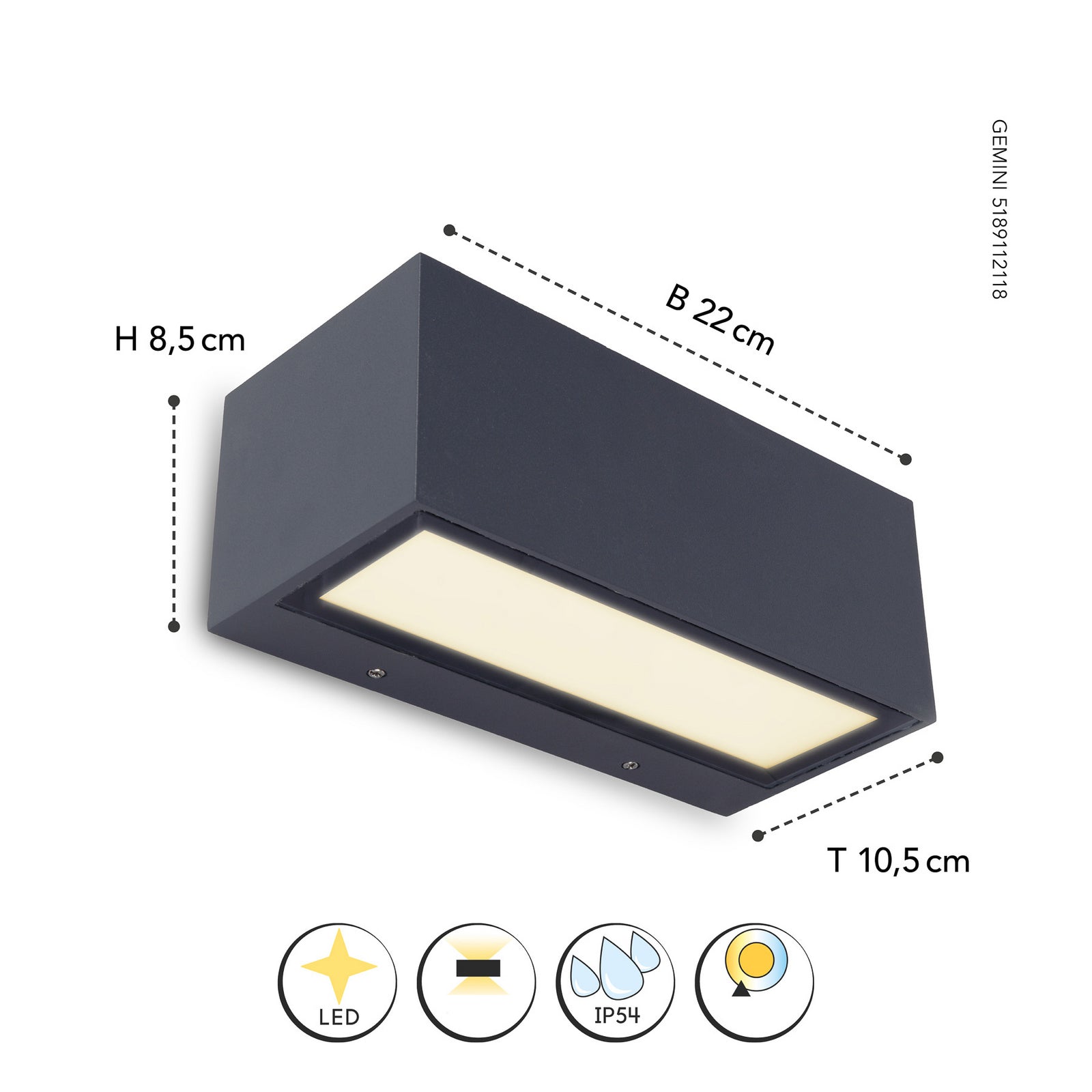LED utevegglampe Gemini antrasitt 22 cm 3000K IP54 - LUTEC