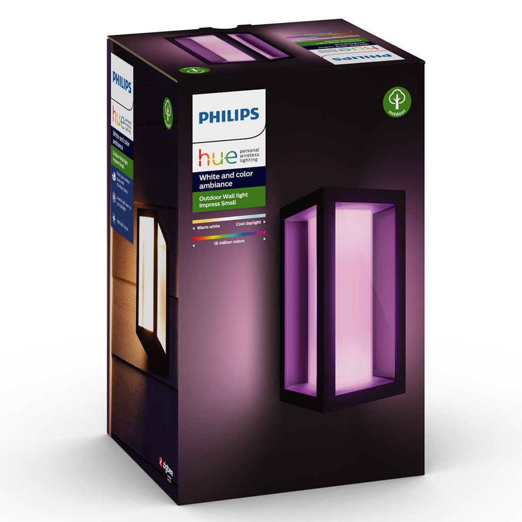LED utevegglampe Impress RGBW svart IP44 16W Philips Hue i bruk utendørs