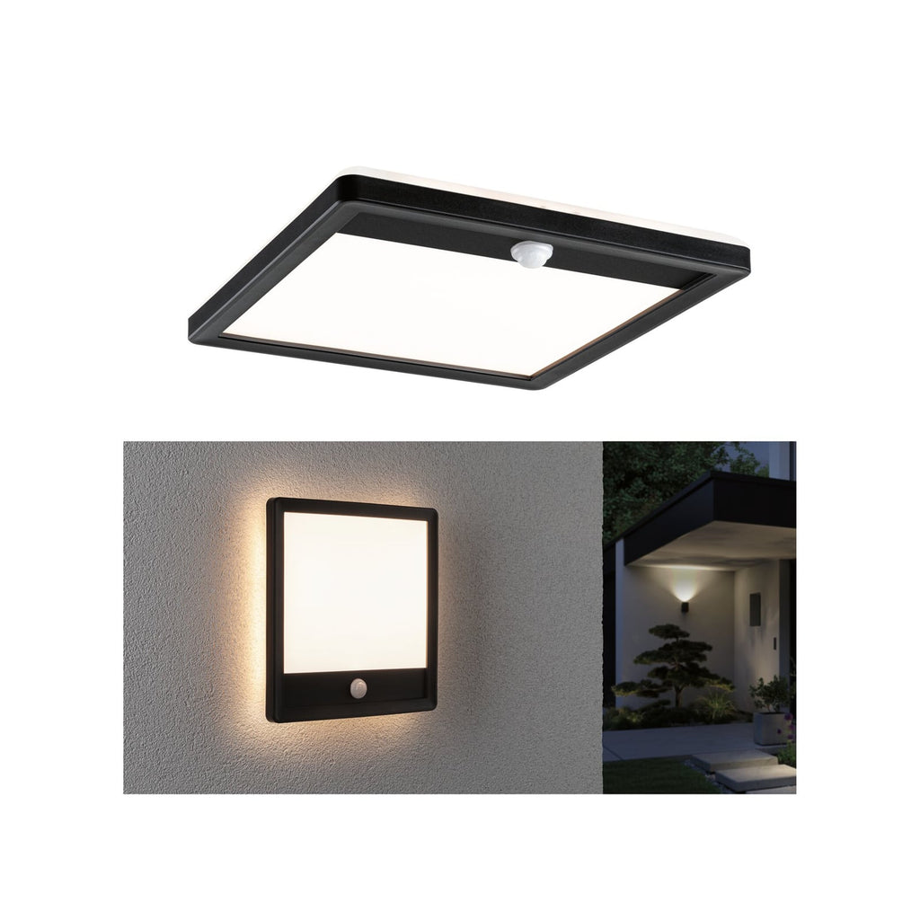 LED utevegglampe Lamina firkantet med bevegelsessensor svart IP44 front