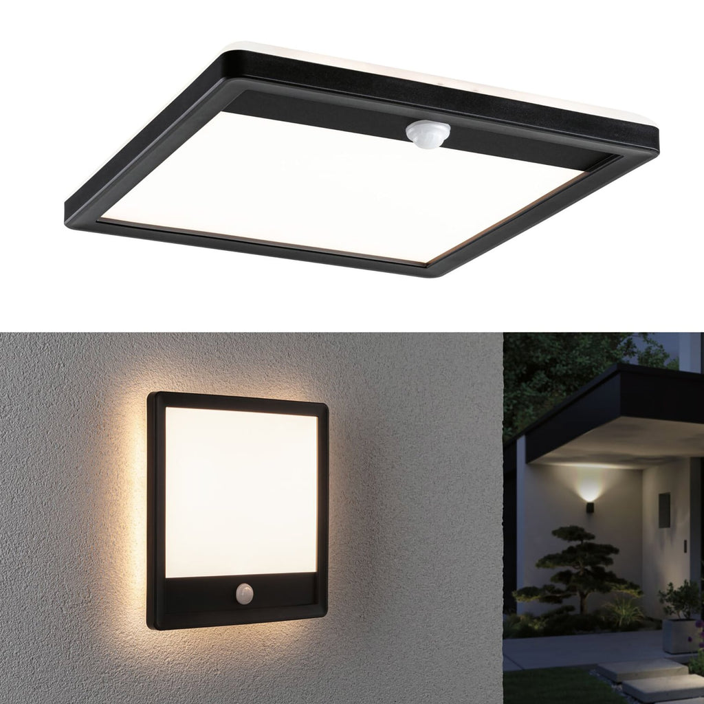 LED utevegglampe Lamina firkantet med bevegelsessensor svart IP44 nærbilde av lampe