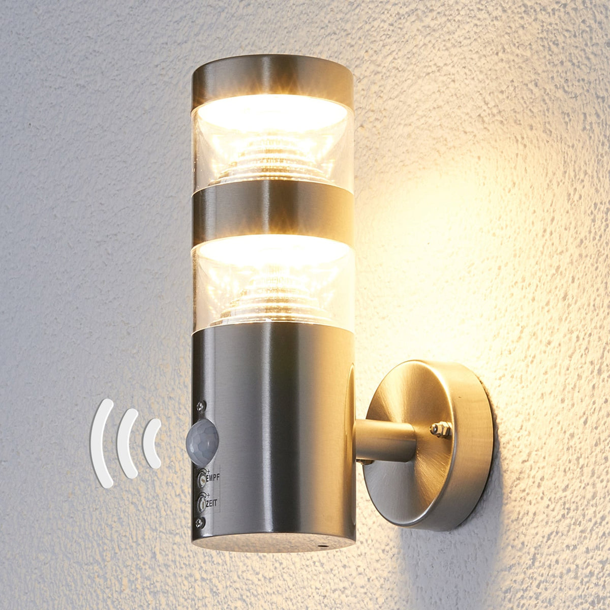 LED utevegglampe Lanea med bevegelsessensor forfra