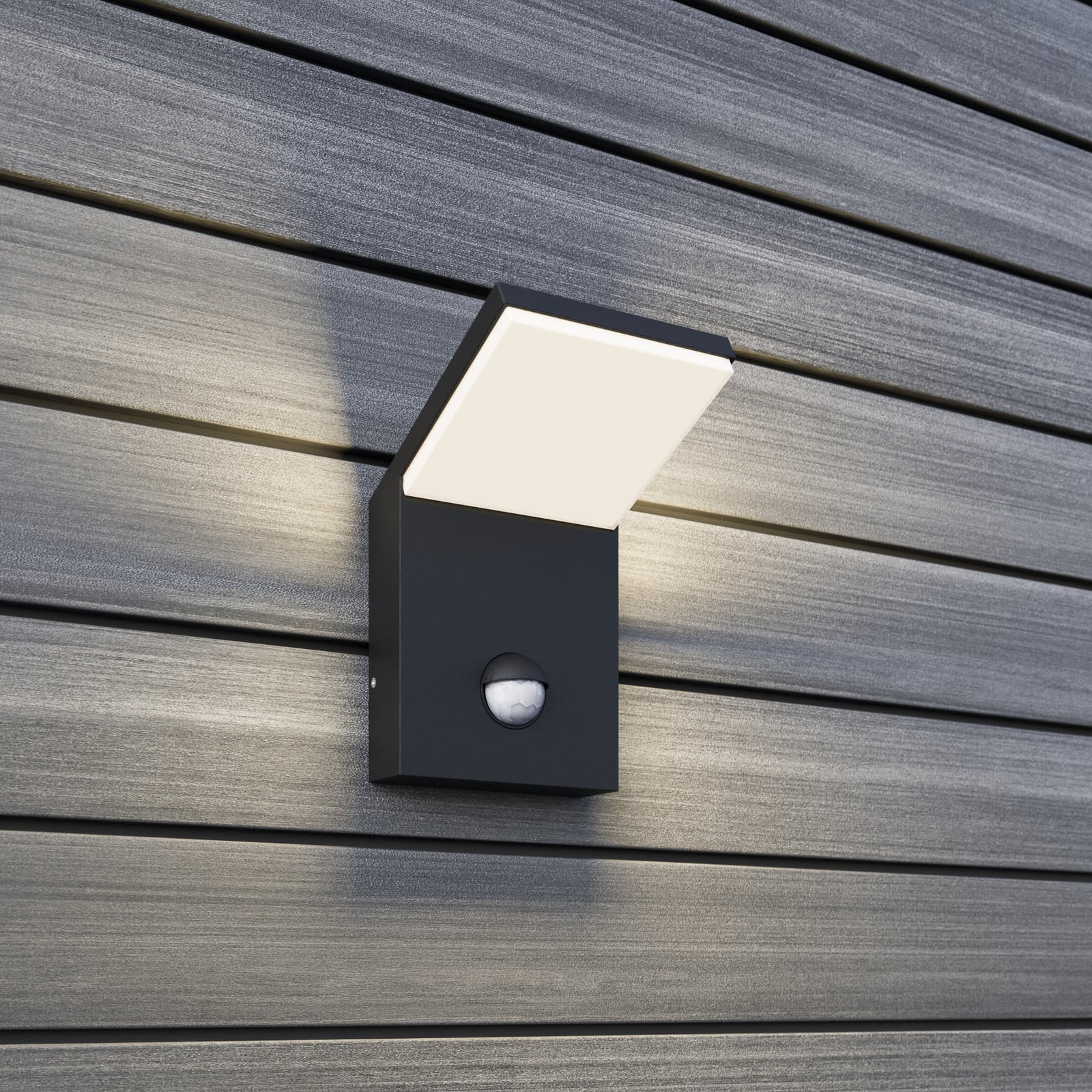 LED utevegglampe Nevio antrasitt med bevegelsessensor forfra