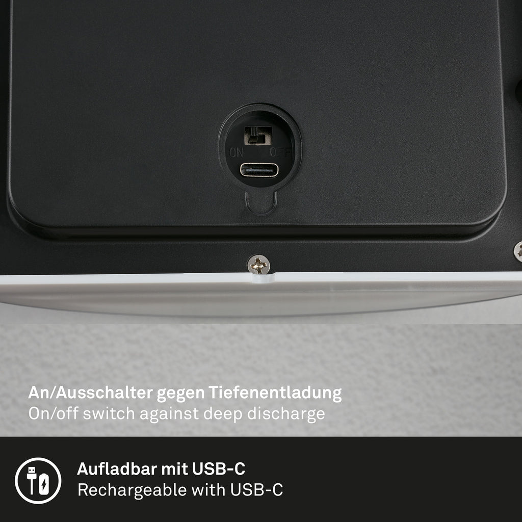 LED utevegglampe oppladbar med bevegelsessensor matt krom Briloner lysbilde om natten
