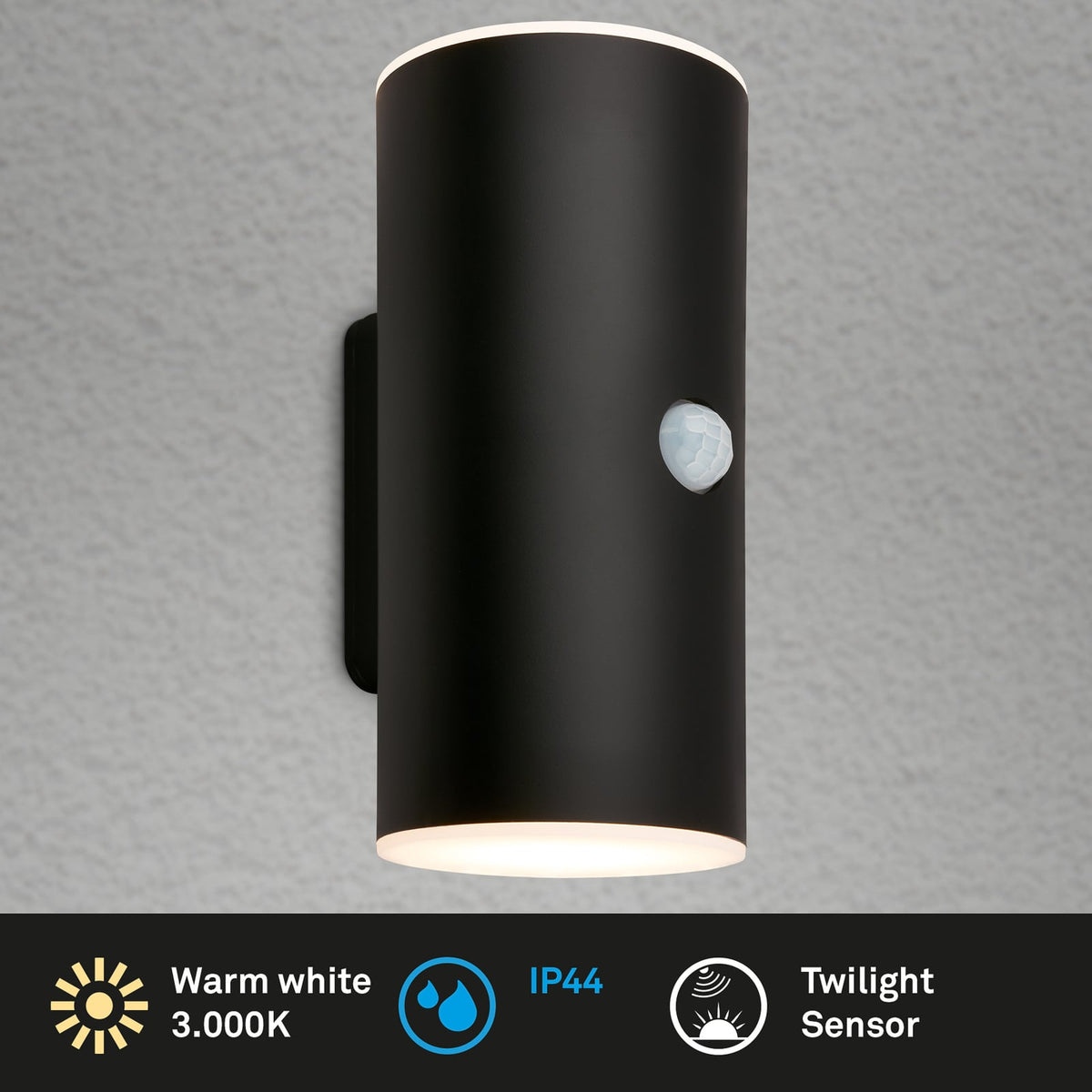 LED utevegglampe oppladbar opp/ned med bevegelsessensor svart IP44 - Briloner nærbilde av lys