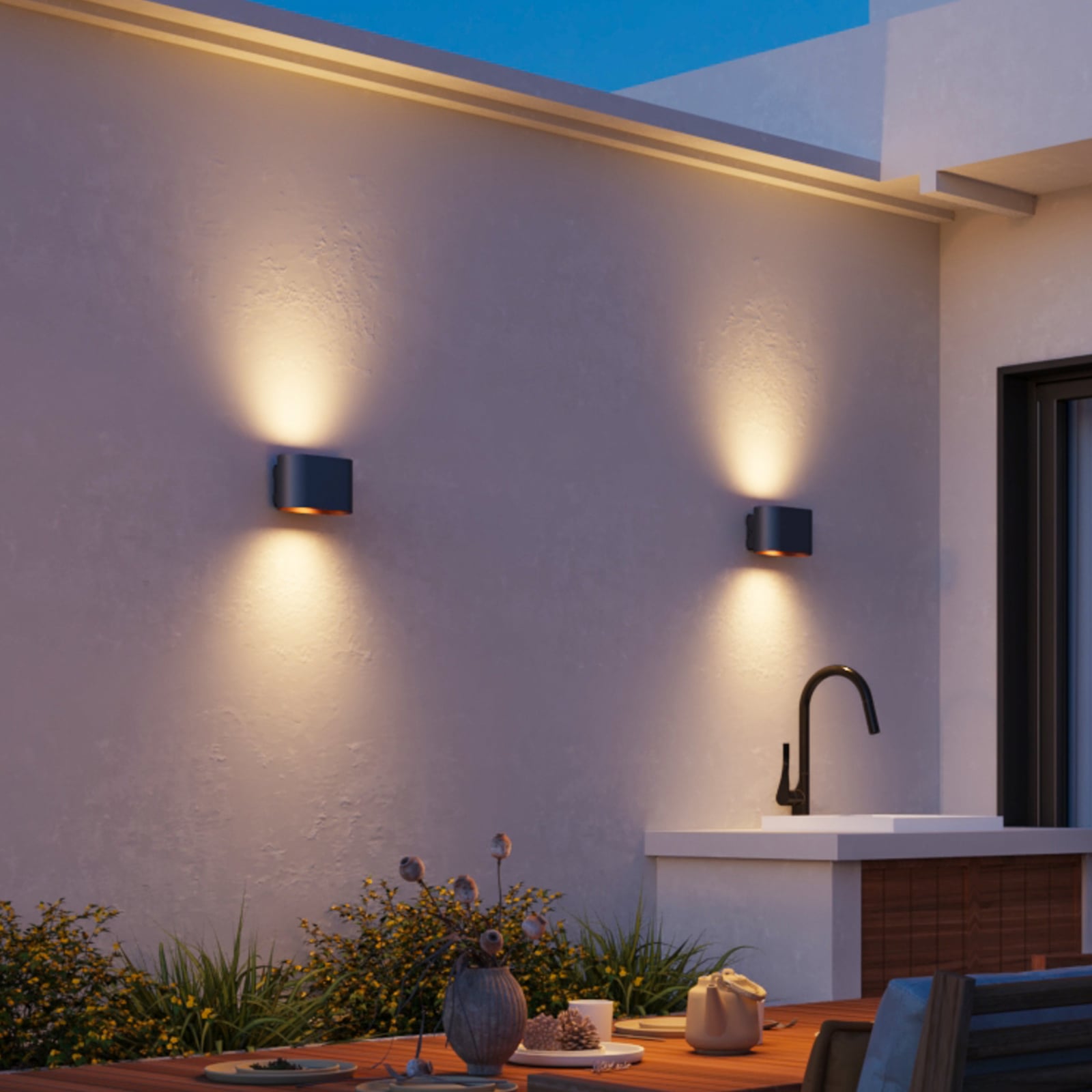 LED utevegglampe Potenza opp og ned svart og gull forside