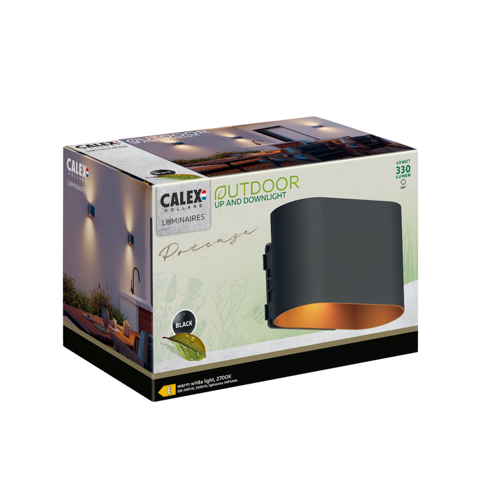Nærbilde av LED utevegglampe Potenza opp og ned svart og gull