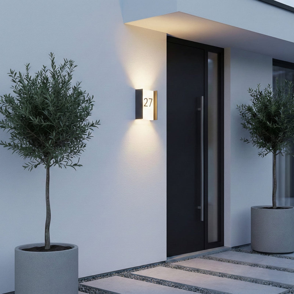 LED utevegglampe Selqa med husnummer antrasitt bakside