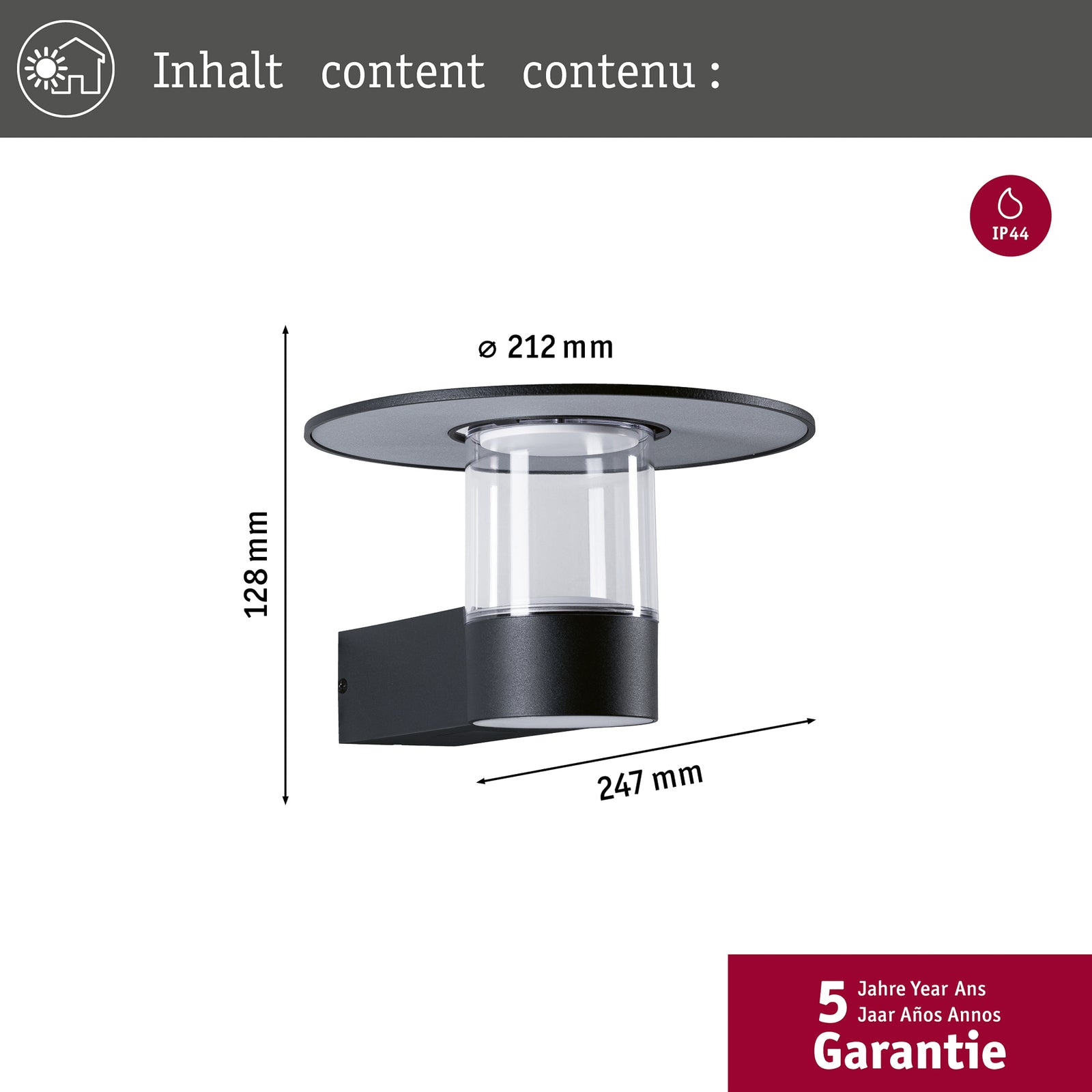 LED utevegglampe Sienna og lysfordeling på vegg