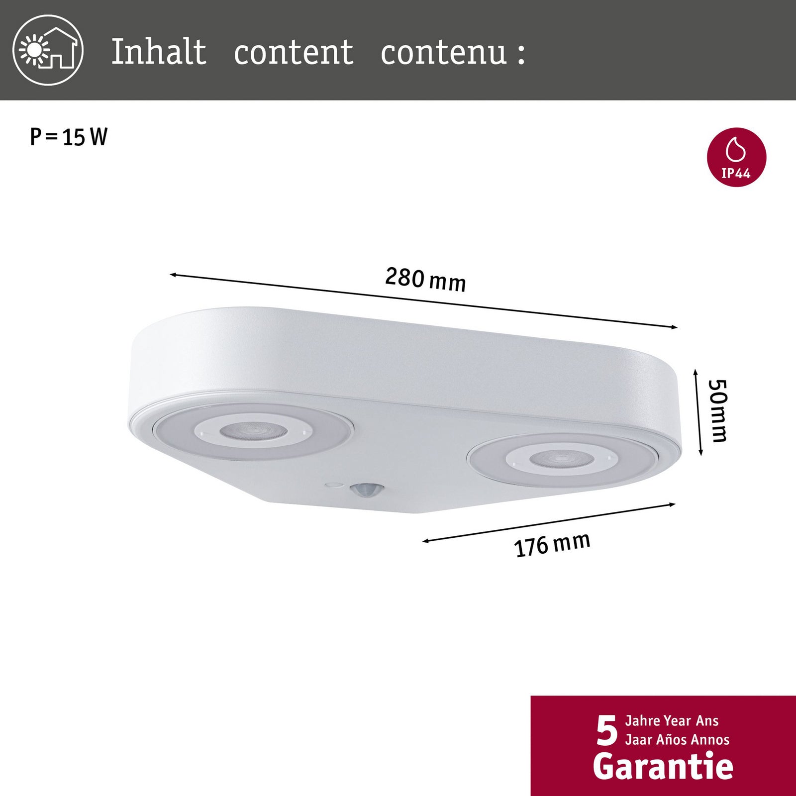 Detalj av LED utevegglampe Silma 2-lys med bevegelsessensor hvit IP44