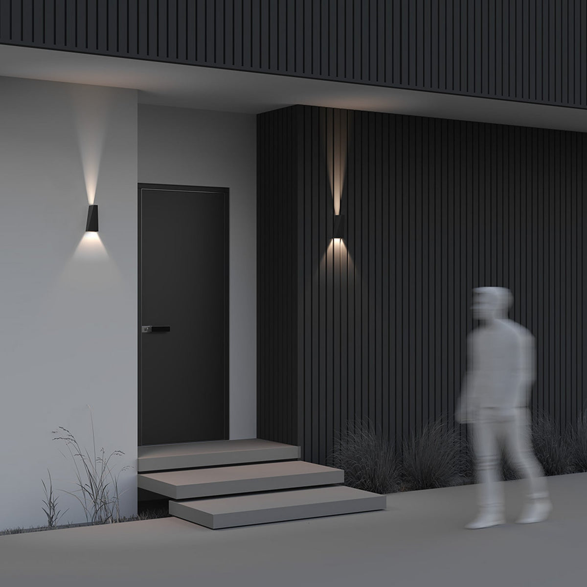 Nærbilde av LED utevegglampe Times Square svart opp og ned IP54
