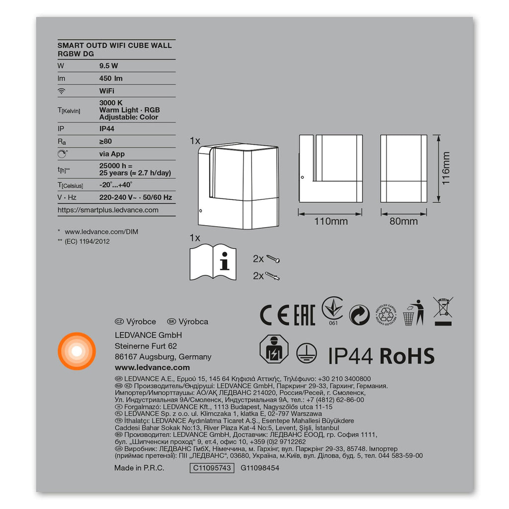 LED utevegglampe WiFi RGBW dimbar antrasitt IP44 - LEDVANCE SMART+ med farget belysning