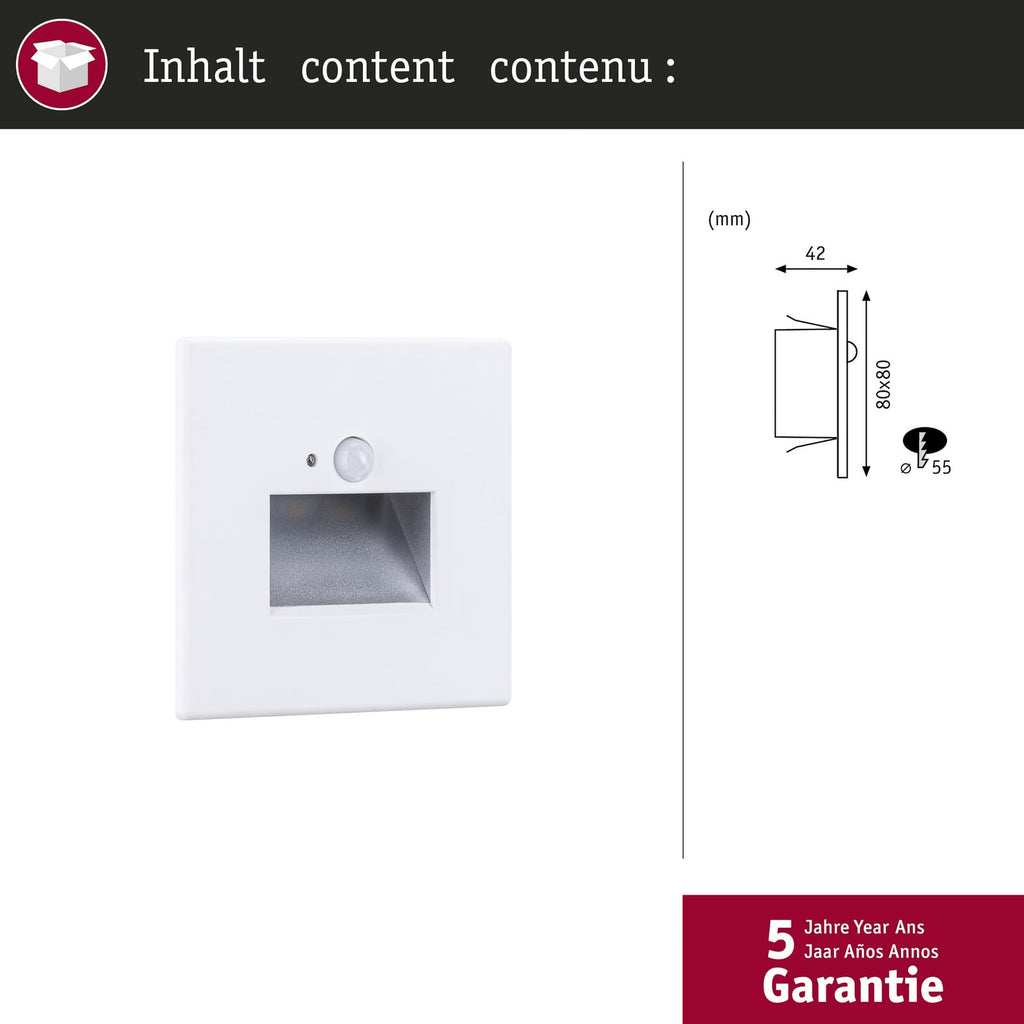 LED vegginnbyggingslampe med bevegelsessensor hvit 8x8 cm Paulmann side