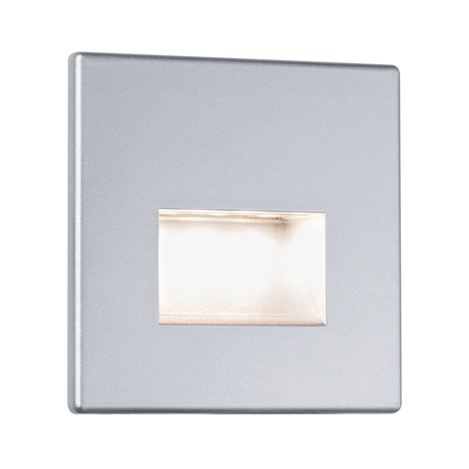 Baksiden av LED vegginnbyggingslampe Edge matt krom 8x8 cm varmhvit