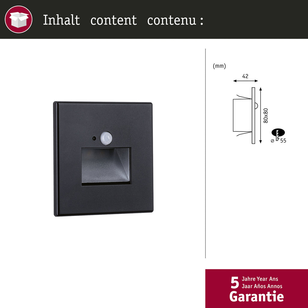 LED vegginnbyggingslampe Edge Quadro med bevegelsessensor svart 8 cm i bruk