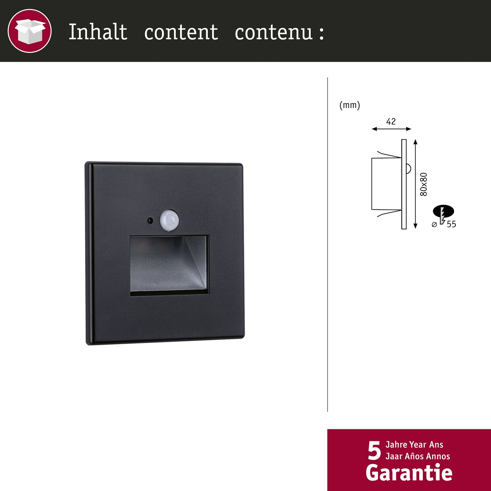 LED vegginnbyggingslampe Edge Quadro med bevegelsessensor svart 8 cm i bruk