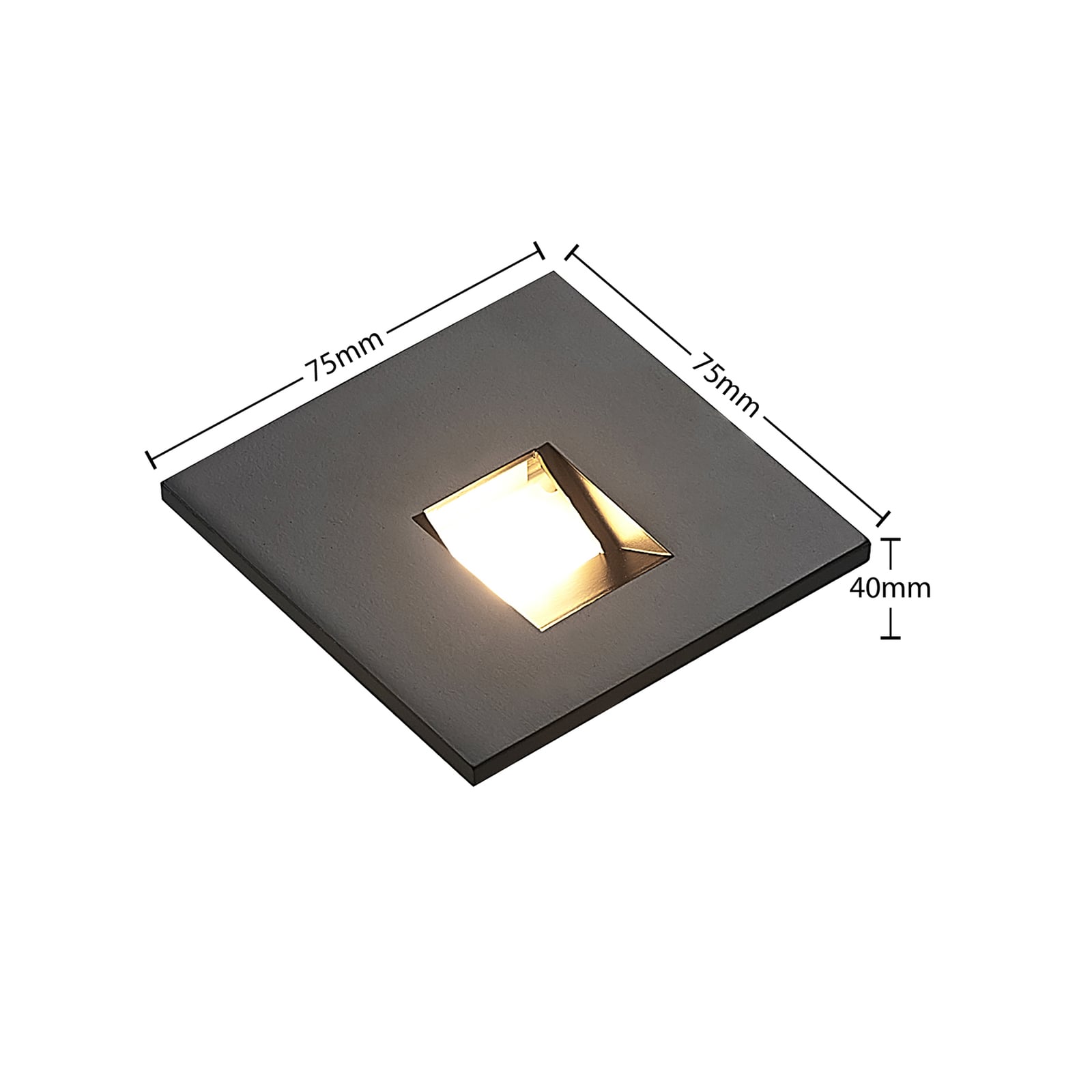 Nærbilde av LED vegginnbyggingslampe Vexi kantet svart aluminium og lys