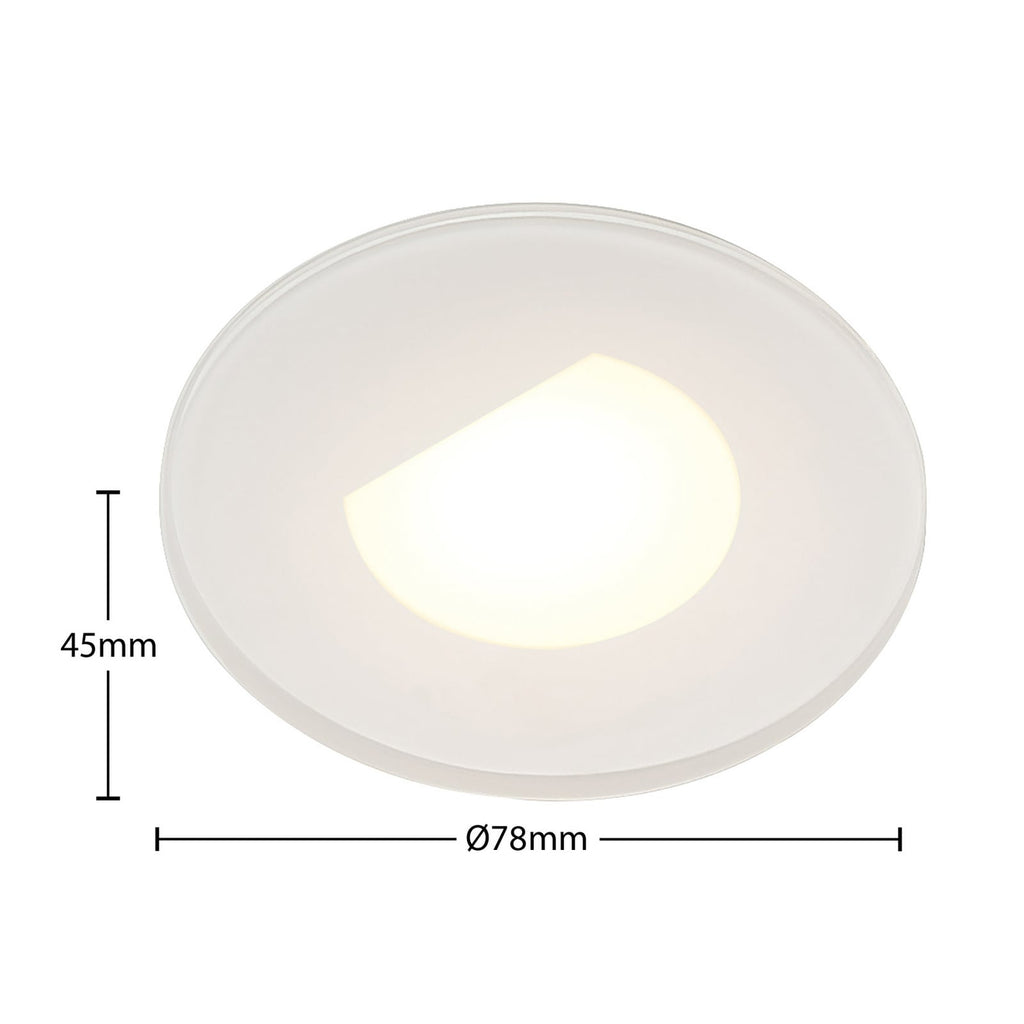 Nærbilde av LED vegginnbyggingslampe Vexi rund hvit aluminium med LED-lys