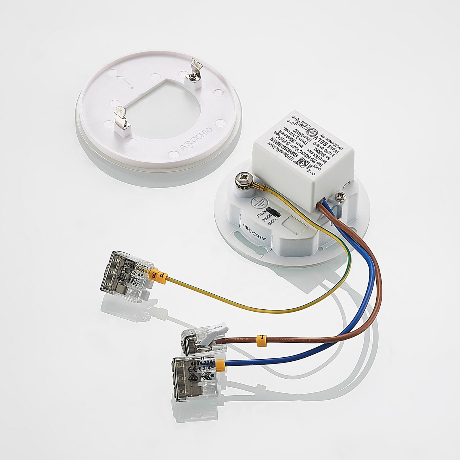 LED vegginnbyggingslampe Vexi rund hvit aluminium monteringsdetaljer