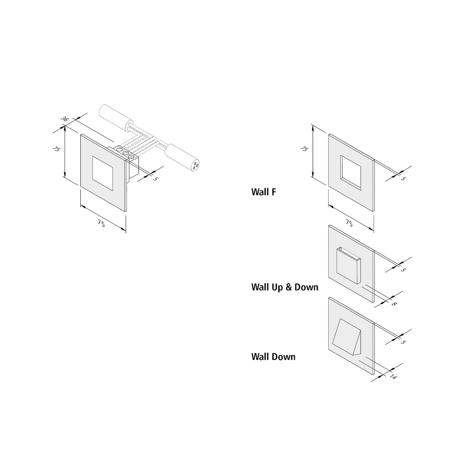 LED vegginnbyggingslampe Wall F svart 7,5x7,5 cm montert