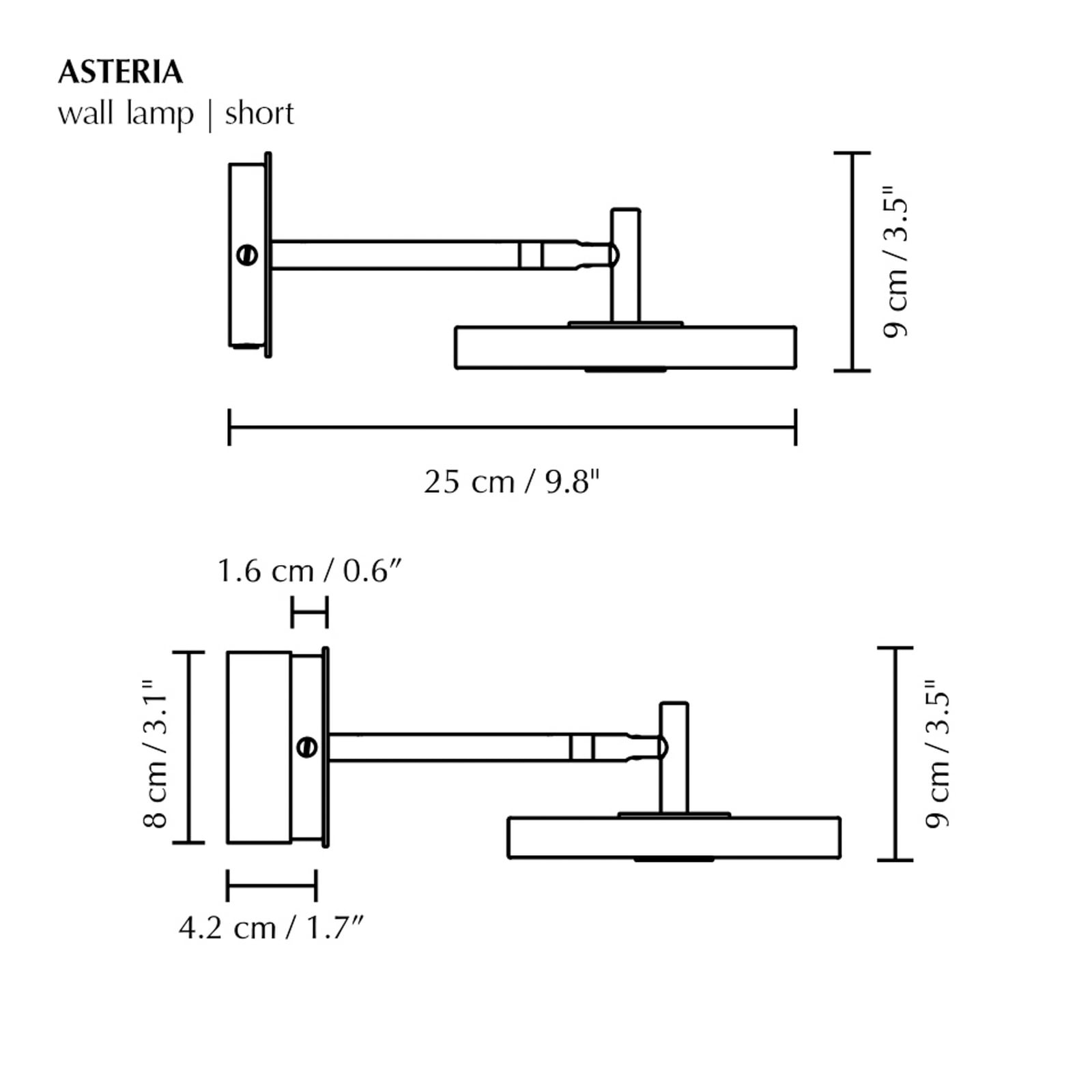 LED vegglampe Asteria SHORT HW nærbilde av polert stålfinish