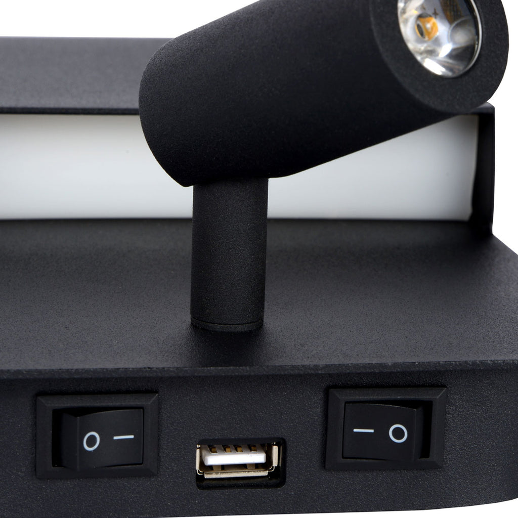 LED vegglampe Boxer med spot svart med bryter USB bryter og USB-utgang