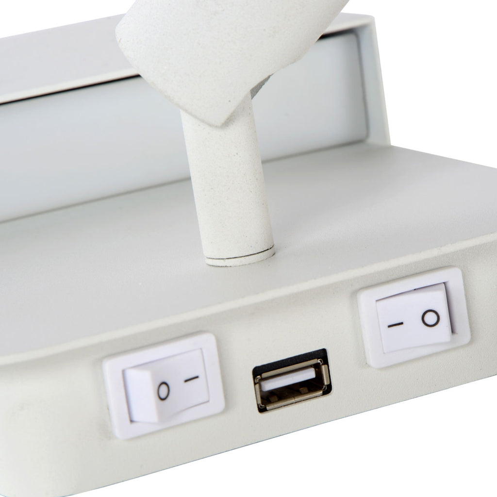 LED vegglampe Boxer med spot hvit stål med bryter USB-ladeutgang