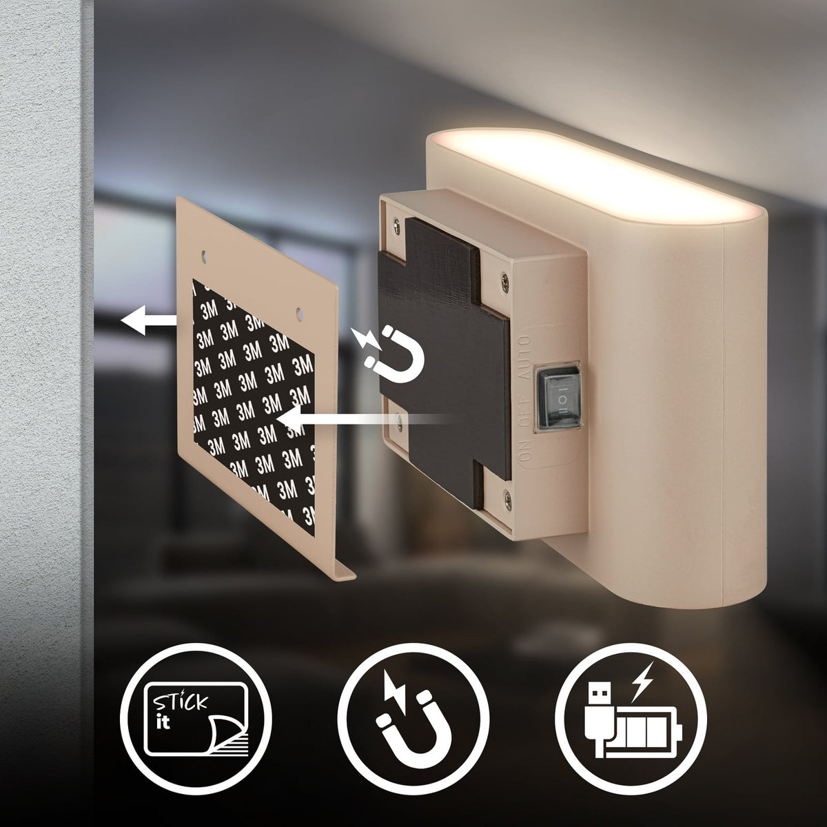 LED vegglampe Chat oppladbar med bevegelsessensor beige detalj