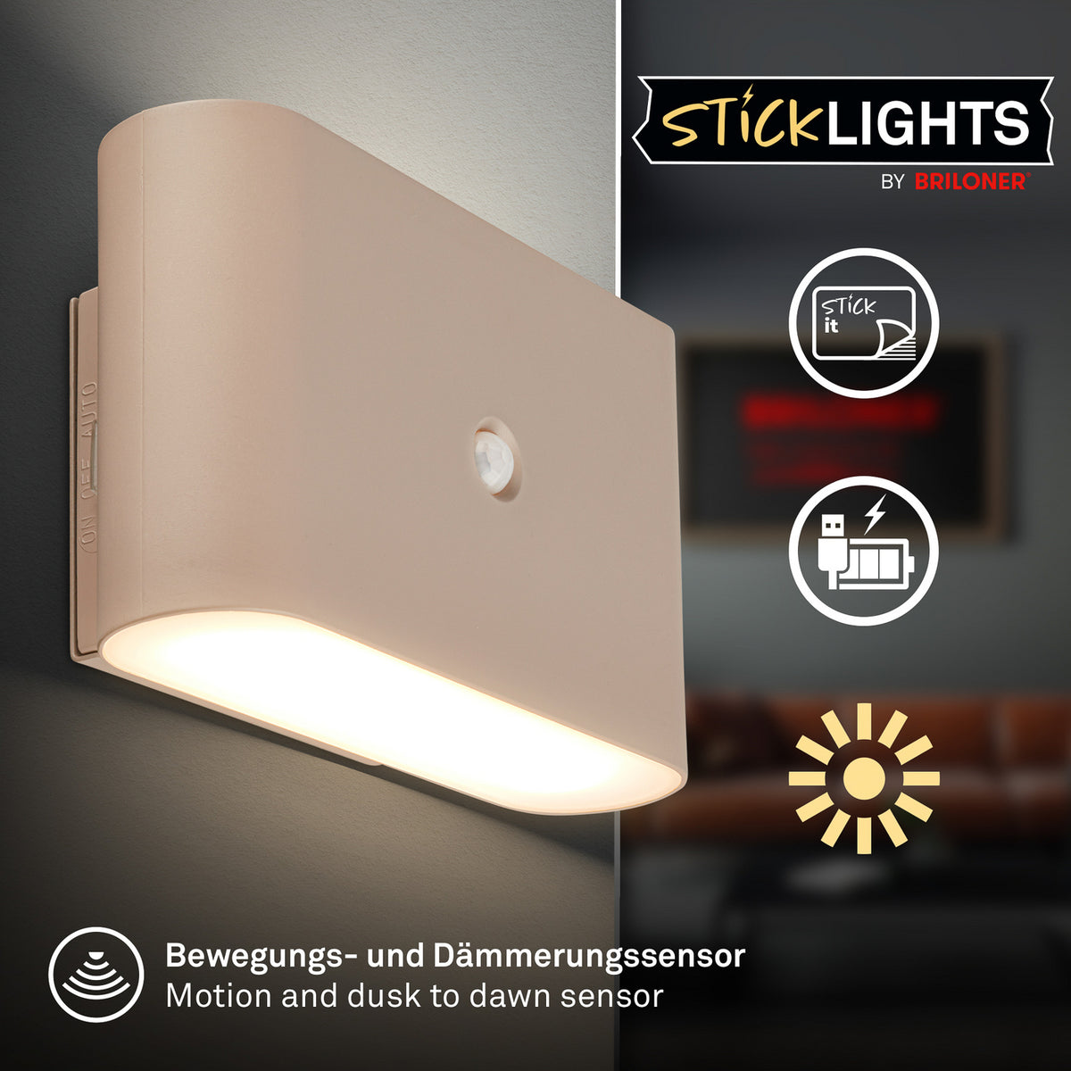 LED vegglampe Chat oppladbar med bevegelsessensor beige montert
