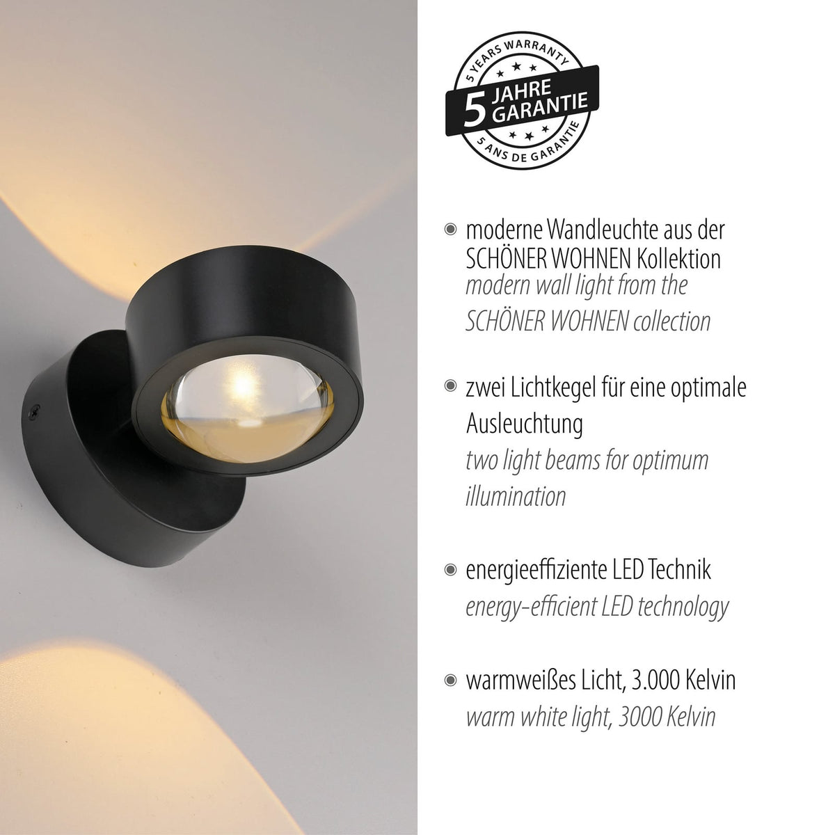 LED vegglampe Chia opp og ned svart 3000K 330 lm montering