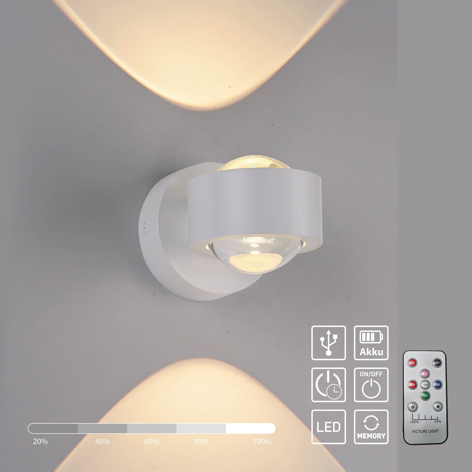 LED vegglampe Chia oppladbar dimbar hvit med fjernkontroll lysbilde